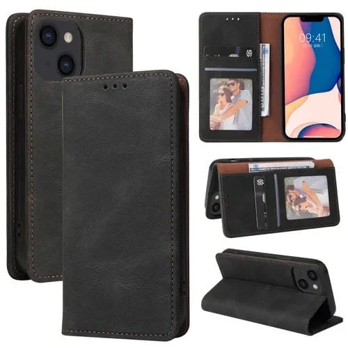 Funda de Cuero para iPhone 14 con Tapa Horizontal y Cierre de Succión Simple (Negro)
