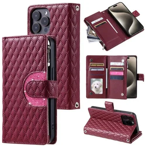 Funda de Cuero para iPhone 14 Pro Max Glitter Lattice Zipper Wallet (Rojo Vino)