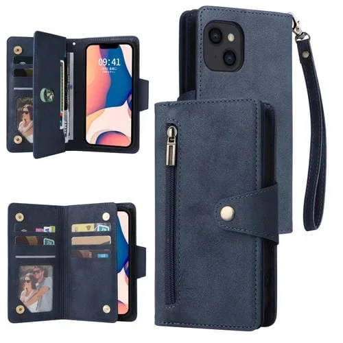 Funda de Cuero para iPhone 14 Rivet Buckle 9 Cards Tres Pliegues (Azul)