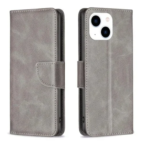 Funda de Cuero para iPhone 15 con Tapa Color Puro y Textura de Piel de Cordero (Gris)