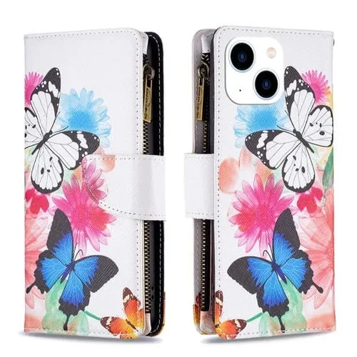Funda de Cuero para iPhone 15 Patrón de Dibujo Coloreado con Cremallera (Dos Mariposas)
