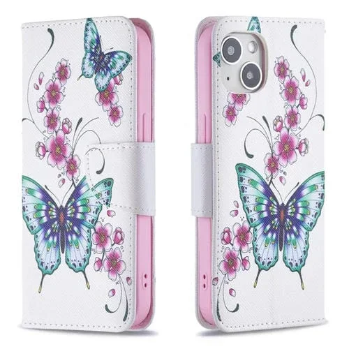 Funda de Cuero para iPhone 15 Patrón de Dibujo Coloreado con Tapa (Mariposa de Flores)