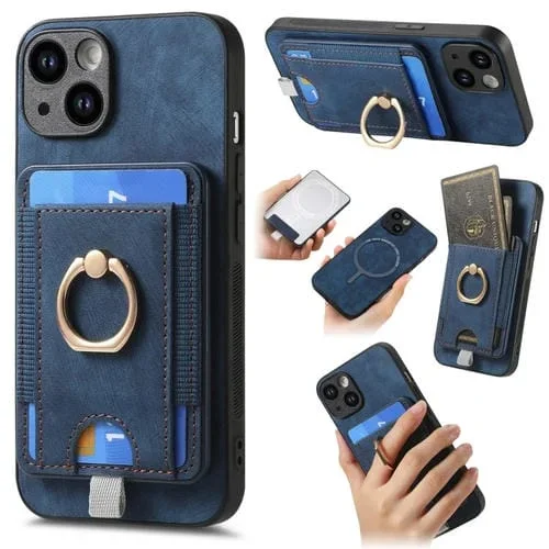 Funda de Cuero para iPhone 15 Plus con Bolsa para Tarjeta Magnética Divisible Retro (Azul)