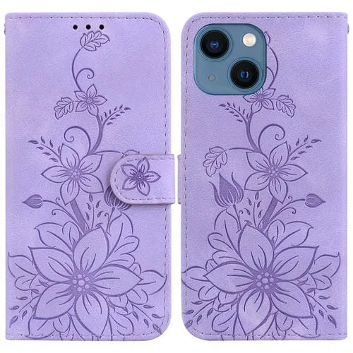Funda de Cuero para iPhone 15 Plus con Relieve Lily (Púrpura)