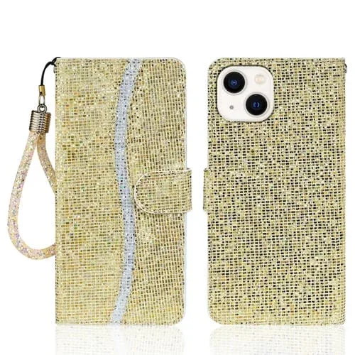 Funda de Cuero para iPhone 15 Plus con Tapa en Polvo con Purpurina (Dorado)