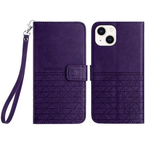 Funda de Cuero para iPhone 15 Plus con Textura Rómbica y Cordón (Púrpura)