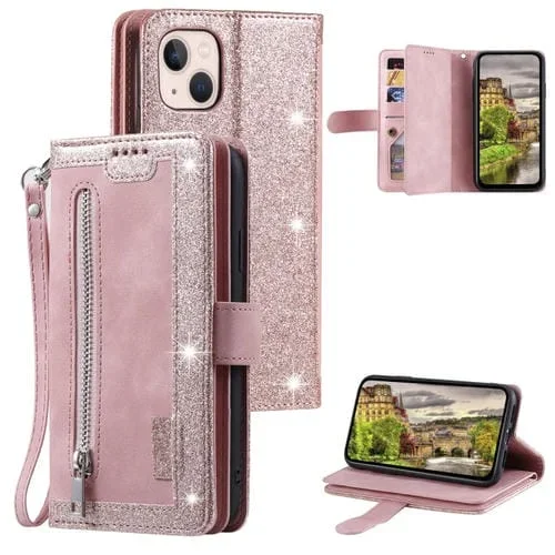 Funda de cuero para iPhone 15 Plus Nine Card Zipper Bag con cordón (Rosa)