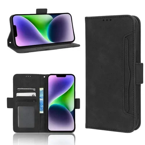 Funda de Cuero para iPhone 15 Plus Skin Feel Becerro Textura con Ranuras para Tarjetas (Negro)