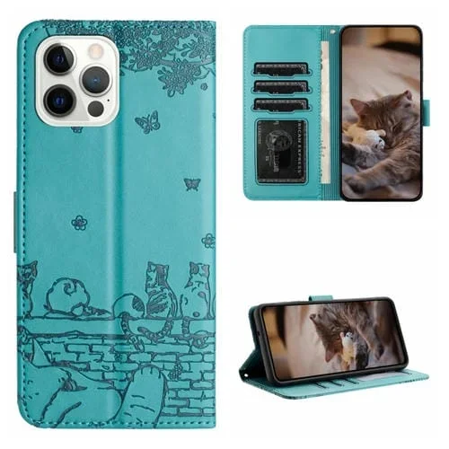 Funda de Cuero para iPhone 15 Pro Cat Relieve Patrón con Cordón (Azul)
