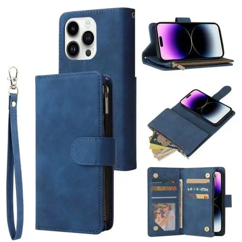 Funda de Cuero para iPhone 15 Pro con Billetera MultiTarjeta Multifuncional (Azul)