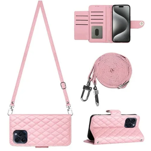 Funda de Cuero para iPhone 15 Pro con Tapa Textura Rómbica y Cordón Largo (Rosa)