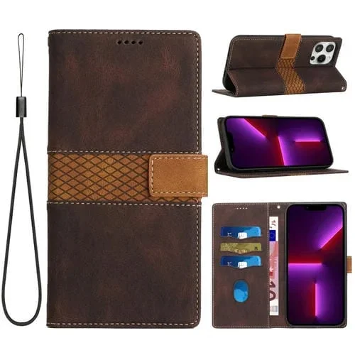 Funda de Cuero para iPhone 15 Pro Max con Costuras de Cuadrícula y Cordón (Marrón)