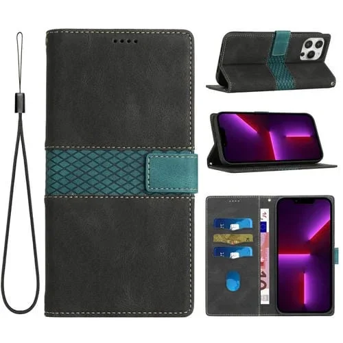 Funda de Cuero para iPhone 15 Pro Max con Costuras de Cuadrícula y Cordón (Negro)