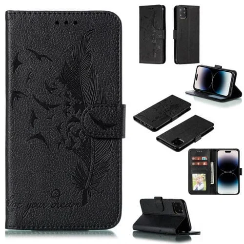 Funda de Cuero para iPhone 15 Pro Max Textura Litchi con Patrón de Plumas (Negro)