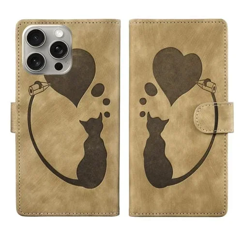 Funda de Cuero para iPhone 15 Pro Pen Heart Cat con Relieve (Albaricoque)