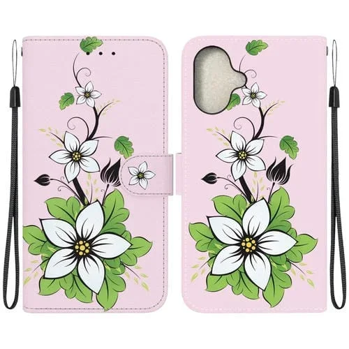 Funda de Cuero para iPhone 16 con Dibujo Coloreado y Textura de Cristal (Lily)