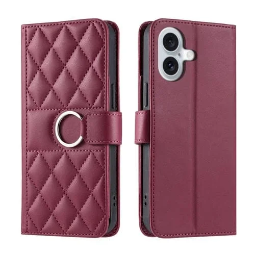 Funda de Cuero para iPhone 16 con Forma de Rombo y Hebilla de Anillo (Rojo)