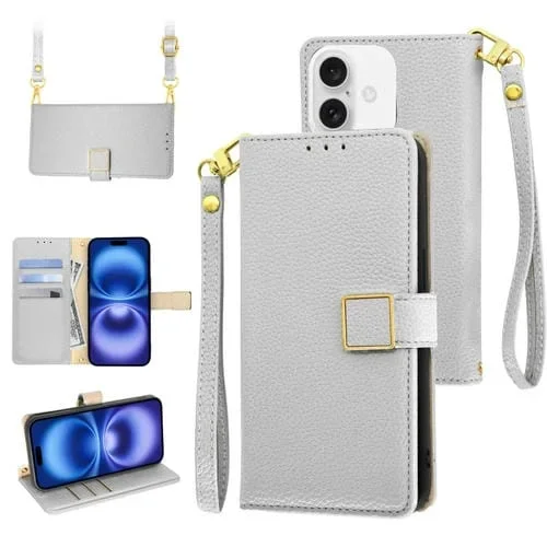 Funda de Cuero para iPhone 16 con Hebilla Cuadrada y Textura de Lichi Cruzada (Plateada)