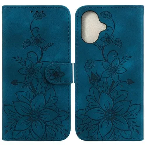 Funda de Cuero para iPhone 16 con Relieve Lily (Azul Oscuro)