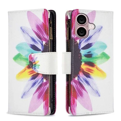 Funda de Cuero para iPhone 16 Plus con Cremallera y Patrón Flor del Sol (Colores)