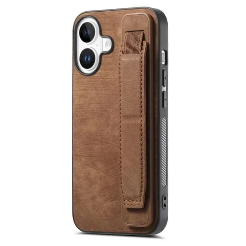 Funda de Cuero para iPhone 16 Plus con Parte Trasera y Soporte para Pulsera (Marrón)