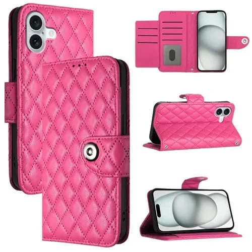 Funda de Cuero para iPhone 16 Plus con Tapa y Textura Rómbica con Cordón (Rojo Rosa)