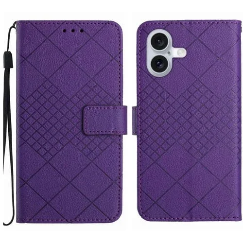 Funda de Cuero para iPhone 16 Plus Textura de Cuadrícula Rómbica (Morado)