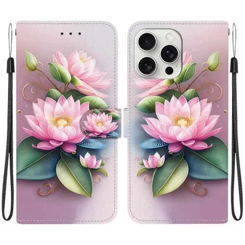 Funda de Cuero para iPhone 16 Pro con Dibujo de Colores y Textura de Cristal (Lotus)