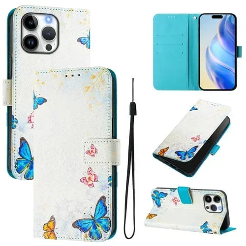 Funda de Cuero para iPhone 16 Pro con Diseño de Dibujo Artístico en Color (Casa de Mariposas)