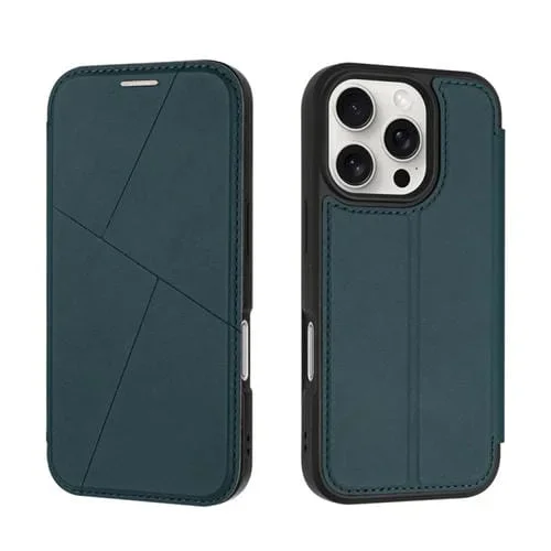 Funda de Cuero para iPhone 16 Pro con Ranuras para Tarjetas RFID y Carcasa Magnética (Verde)