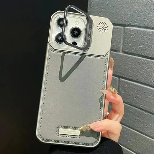 Funda de Cuero para iPhone 16 Pro con Soporte de Metal y Magsafe (Gris)