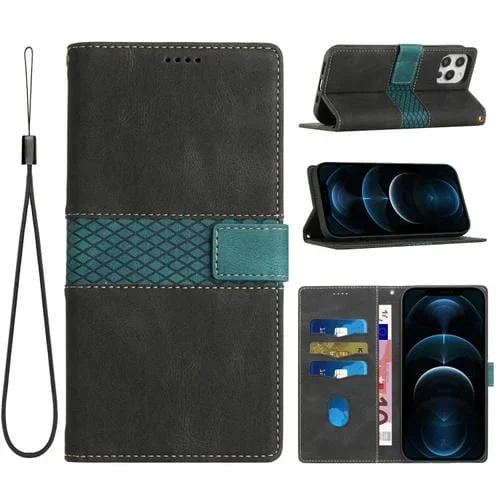 Funda de Cuero para iPhone 16 Pro Max con Costuras en Cuadrícula y Cordón (Negro)