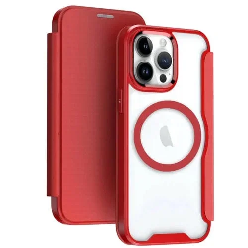 Funda de Cuero para iPhone 16 Pro Max con Tapa Adsorción Bloqueo Rfid Magsafe (Rojo)