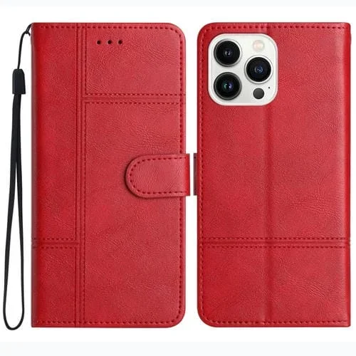 Funda de Cuero para iPhone 16 Pro Textura Piel de Vaca Costuras (Rojo)