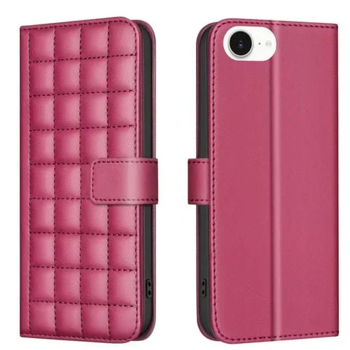 Funda de Cuero para iPhone 16E Textura Cuadrada (Rojo)