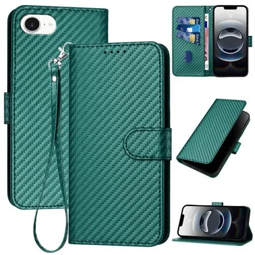 Funda de Cuero para iPhone 16E Yx0070 con Hebilla de Fibra de Carbono y Cordón (Verde Oscuro)