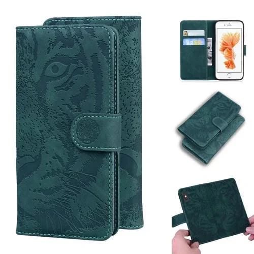Funda de Cuero para iPhone 6S Plus 6 Plus Tiger Embossing con Tapa Horizontal Soporte Ranuras Tarjetas Billetera (Verde)