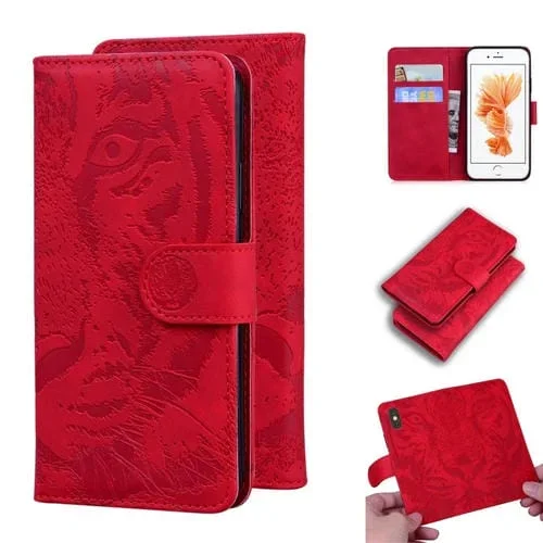 Funda de Cuero para iPhone 6S Plus y 6 Plus Tiger Embossing con Tapa Horizontal, Soporte, Ranuras para Tarjetas y Billetera (Rojo)