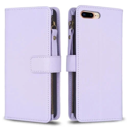 Funda de Cuero para iPhone 8 Plus y 7 Plus con 9 Ranuras para Tarjetas Monedero con Cremallera y Tapa (Púrpura Claro)