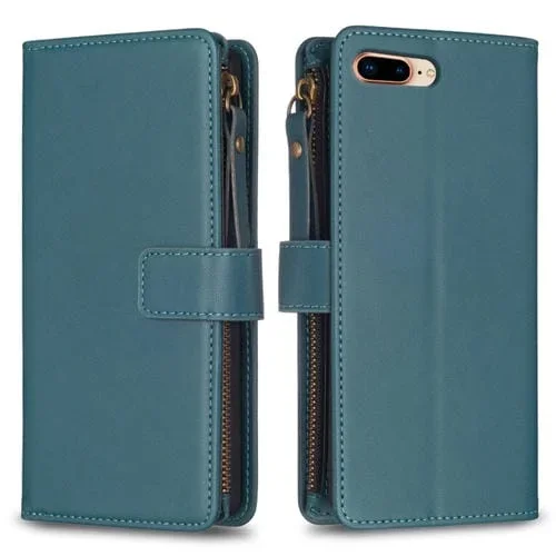 Funda de Cuero para iPhone 8 Plus y 7 Plus con 9 Ranuras para Tarjetas y Cremallera (Verde)