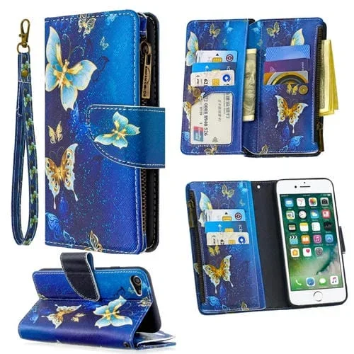 Funda de cuero para iPhone 8 y 7 con cremallera, tapa horizontal, soporte, ranuras para tarjetas y billetera (Mariposa Dorada)