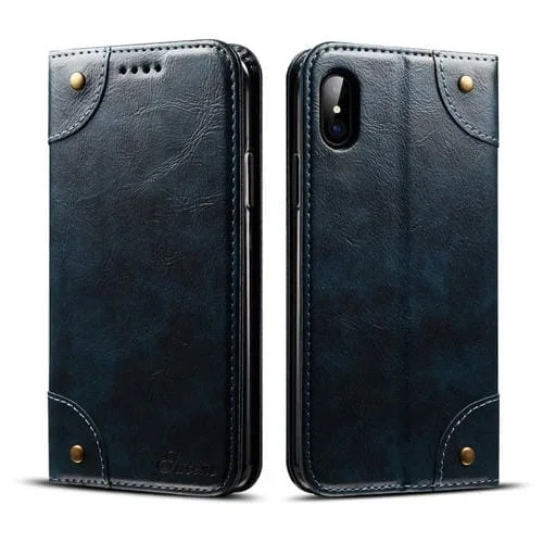 Funda de Cuero para iPhone X Xs con Tapa Horizontal Barroca Soporte y Ranuras para Tarjetas y Billetera (Azul)