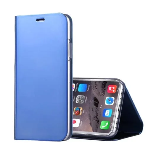 Funda de Cuero para iPhone X Xs Galvanoplastia Espejo con Tapa Horizontal y Soporte (Azul)