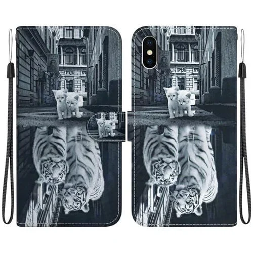 Funda de Cuero para iPhone Xs Max con Dibujo Coloreado y Textura de Cristal (Reflejo de Tigre Gato)