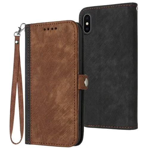 Funda de Cuero para iPhone Xs Max Hebilla Lateral Doble Pliegue Correa de Mano (Marrón)