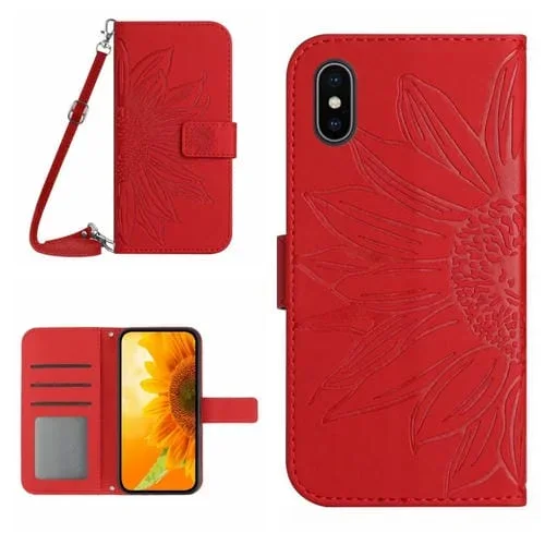 Funda de Cuero para iPhone Xs Max Skin Feel Sun Flower Pattern con Tapa y Cordón (Rojo)