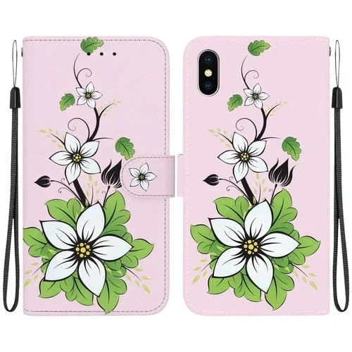 Funda de Cuero para iPhone Xs / X con Dibujo Coloreado y Textura de Cristal (Lirio)