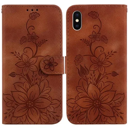 Funda de Cuero para iPhone Xs / X con Relieve Lily (Marrón)