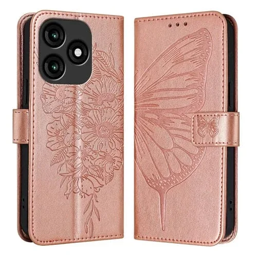 Funda de Cuero para Itel A70 con Mariposa en Relieve (Oro Rosa)