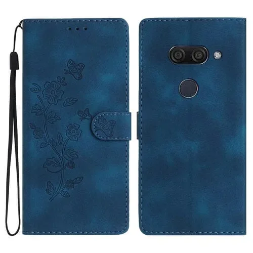 Funda de Cuero para LG K50 / Q60 con Estampado de Mariposa y Flores (Azul)